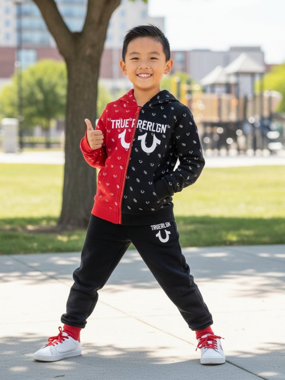 True Religion Boys Split-Color Allover Monogram Hoodie and Jogger Sweatsuit Set
